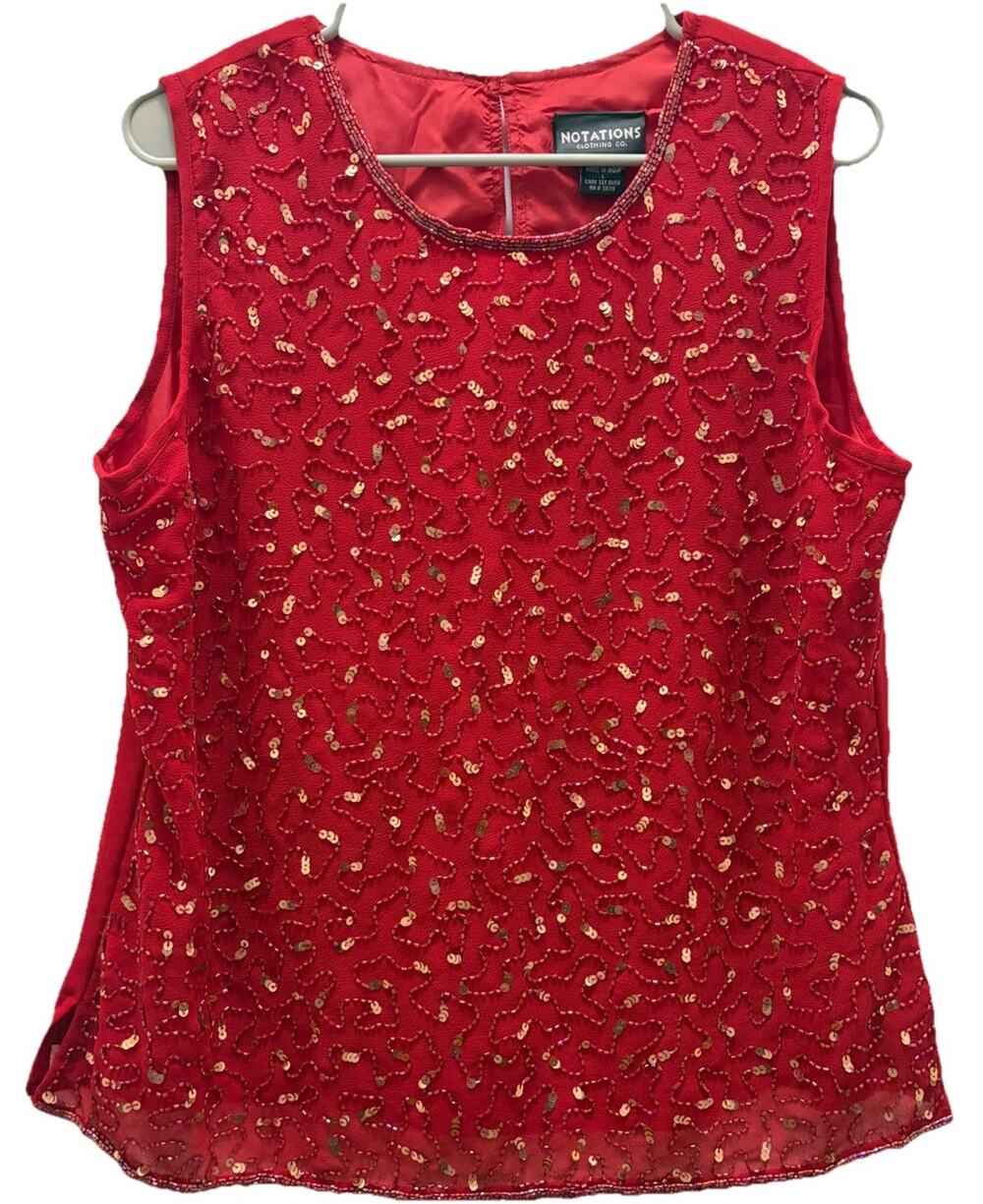Notations Clothing Co Vintage Red Beaded Sequin Sleeveless Top Size L